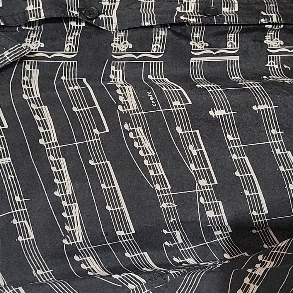 Albert Elouitz Inc Handmade Silk Black Music Note Print Button Up Shirt Size Lg - Picture 2 of 5